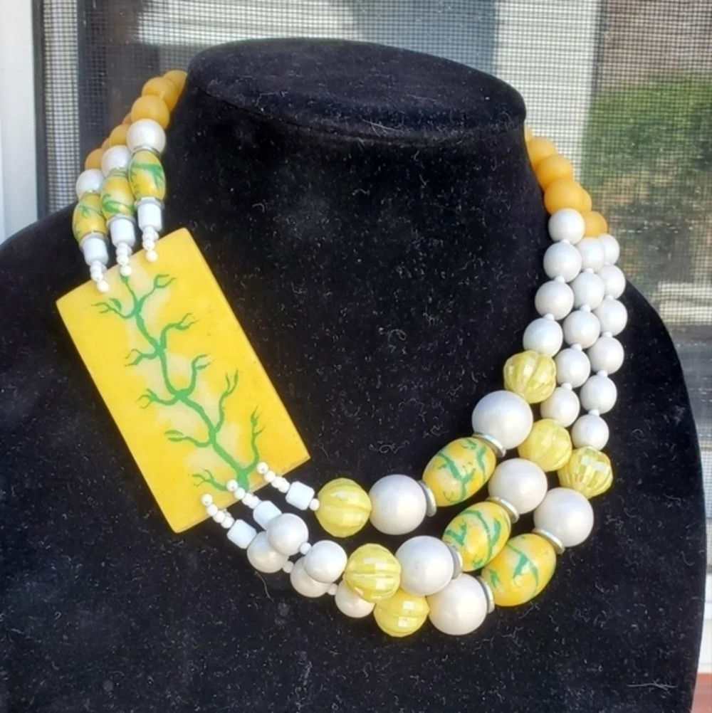 Vintage Triple Strand‎  Artisan  Yellow Necklace